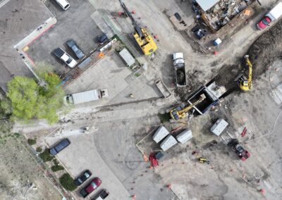 Aerial top down picture showing the construction at the intersection of Lakewood Pl and Reed St.
