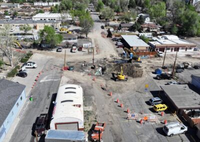 Aerial picture showing the construction work at the intersection of Reed and Lakewood Pl.