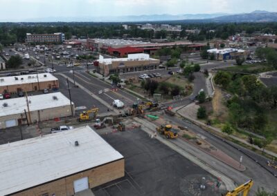Aerial picture showing construction crossing the street on Teller.