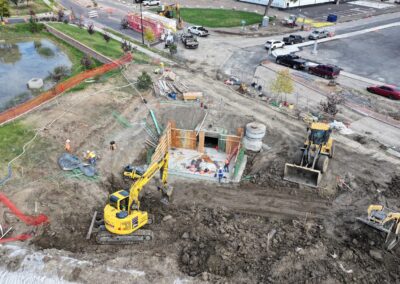 Aerial picture showing the construction progress near Teller St.